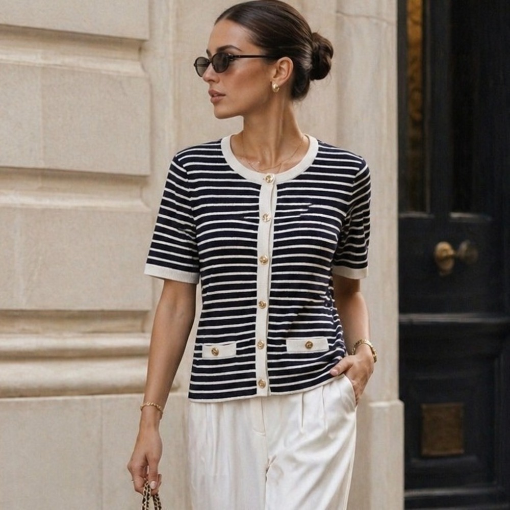 Elie Tahari Striped Knit Cardigan Short Sleeve Navy White Gold Button Top Size M